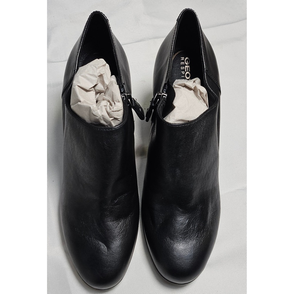GEOX D Annya A Respira Black Leather Booties‎ Shooties Block Heel Womens 9